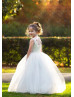 Beaded Ivory Lace Tulle Corset Back Long Flower Girl Dress